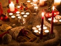 Christmas still life with candles of different size and shape, d Royalty Free Stock Photo