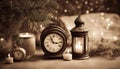 christmas still life with clock and candle black and white A vintage Christmas with a lantern and a fir tree branch. Royalty Free Stock Photo