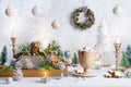 Christmas still life with cup of hot chocolate, gingerbread cookies, candles, Christmas ornaments. Winter cozy home concept