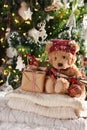 Christmas still life with cute teddy bear and a gift box Royalty Free Stock Photo