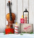 Christmas still-life with gift boxes and violin Royalty Free Stock Photo
