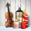 Christmas still-life with gift candles and violin Royalty Free Stock Photo