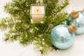 Christmas still life has the burning candle. Royalty Free Stock Photo