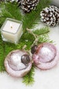 Christmas still life has the burning candle. Royalty Free Stock Photo