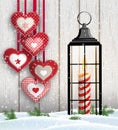 Christmas still-life with hearts and black lantern Royalty Free Stock Photo