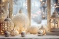 Christmas still life with lanterns on the windowsill and bokeh background. Christmas setting in warm tones