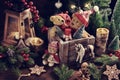 Christmas still life with old teddy bears in wooden box on the table in rustic style with faded colors Royalty Free Stock Photo