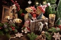 Christmas still life with old teddy bears in wooden box on the table in rustic style Royalty Free Stock Photo