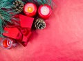 Christmas still life on a red background. Royalty Free Stock Photo