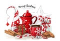 Christmas still-life, red tea pot, coolies, abstract christmas tree, glass jar with candy canes, cinnamon sticks, cup of Royalty Free Stock Photo