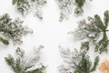 Christmas still life. Spruce branches form a frame with white copespace in the middle