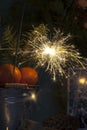 Christmas still life with tangerines and sparklers. Vintage tinting Royalty Free Stock Photo