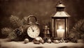 christmas still life A vintage lantern and a fir tree branch. The lantern is old fashioned and charming black and white Royalty Free Stock Photo