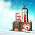 Christmas still-life, wooden box with candles and lantern Royalty Free Stock Photo