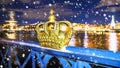 Christmas in Stockholm. view of the city from the bridge Skeppsholmsbron (Skeppsholm Bridge) through a golden crown Royalty Free Stock Photo