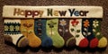 Christmas stocking background with Happy New Year in stitching Royalty Free Stock Photo