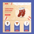 Christmas stocking flat landing page website template. Gingerbread man, petard, candy cane. Web banner with header