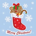 Christmas stocking with gifts, greeting card, vector illustration Royalty Free Stock Photo