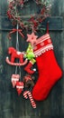 Christmas stocking and handmade toys hanging Royalty Free Stock Photo