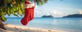 Christmas stocking hanging on coconut palm tree at tropical exotic beach. AI Generated Royalty Free Stock Photo