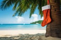 Christmas stocking hanging on coconut palm tree at tropical exotic beach. AI Generated Royalty Free Stock Photo