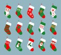 Christmas stocking, holiday winter socks for Santa presents set. Happy green and red color celebration gifts, colorful