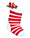 Christmas stocking with sweets and pagoda berries in a flat style on a white background. Red and white festive sock Royalty Free Stock Photo