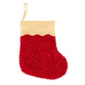 Christmas stocking on white background isolated close up, red and golden color Santa Claus sock, New Year decorative sock Royalty Free Stock Photo