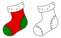 Christmas stockings colorful and black and white. Coloring book page for children. Christmas sock vector illustration isolated on