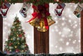 Christmas stockings window,gold bells,tree decorations,snow background for greeting card Royalty Free Stock Photo