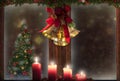 Christmas window,candles,gold bells,tree decorations,snow background for greeting card Royalty Free Stock Photo