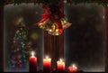 Christmas window,candles,gold bells,tree decorations,snow background for greeting card Royalty Free Stock Photo
