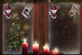 Christmas stockings window,candles,tree decorations,snow background for greeting card Royalty Free Stock Photo