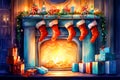 Christmas stockings hanging on the fireplace next to the Christmas tree, close-up view Royalty Free Stock Photo