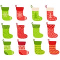 Christmas stockings. Stickers, clipart for xmas. Red, green socks with snowflakes, snowman, Christmas tree. Royalty Free Stock Photo