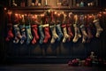 Christmas stockings in various textures, sizes and designs hung from wooden dowels or a garland. Generative Ai