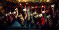 Christmas stockings in various textures, sizes and designs hung from wooden dowels or a garland. Generative Ai