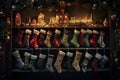 Christmas stockings in various textures, sizes and designs hung from wooden dowels or a garland. Generative Ai