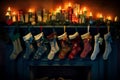 Christmas stockings in various textures, sizes and designs hung from wooden dowels or a garland. Generative Ai