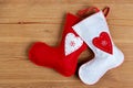 Christmas stockings on wooden background.