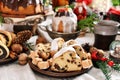 Christmas stollen cake on festive table in rustic style Royalty Free Stock Photo