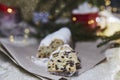 Christmas stollen, Christstollen - classic yeast bread. Christmas tradition with bokeh background. Festive background