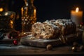 Christmas Stollen, home made traditional German Xmas dessert with candles, AI generative