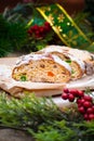 Christmas stollen its a Traditional Dresdner German Christmas cake Stollen with raising, berries and nuts. Sliced stollen on paper