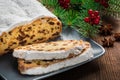 Christmas Stollen on a Plate with a rustic Background and fir branch. Christmas Stollen isolated on white background. Sweet german Royalty Free Stock Photo