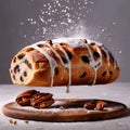 Christmas stollen, traditional holiday festive sweet bread pastry cake with fruits
