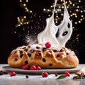 Christmas stollen, traditional holiday festive sweet bread pastry cake with fruits