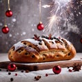 Christmas stollen, traditional holiday festive sweet bread pastry cake with fruits