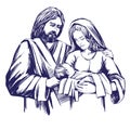 Christmas story. Mary, Joseph and the baby Jesus, Son of God , symbol of Christianity hand drawn vector illustration. Royalty Free Stock Photo