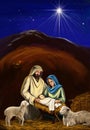 Christmas story. Christmas night, Mary, Joseph and the baby Jesus, Son of God , symbol of Christianity art illustration Royalty Free Stock Photo